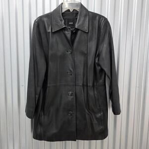 JLC New York Leather Jacket Women's M Black Button Front Long 90s